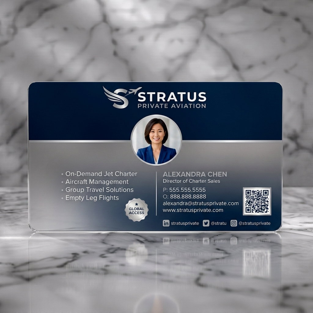 Frosted translucent plastic business card featuring elegant navy and silver design, clean sans-serif typography, professional photo, and modern icons
