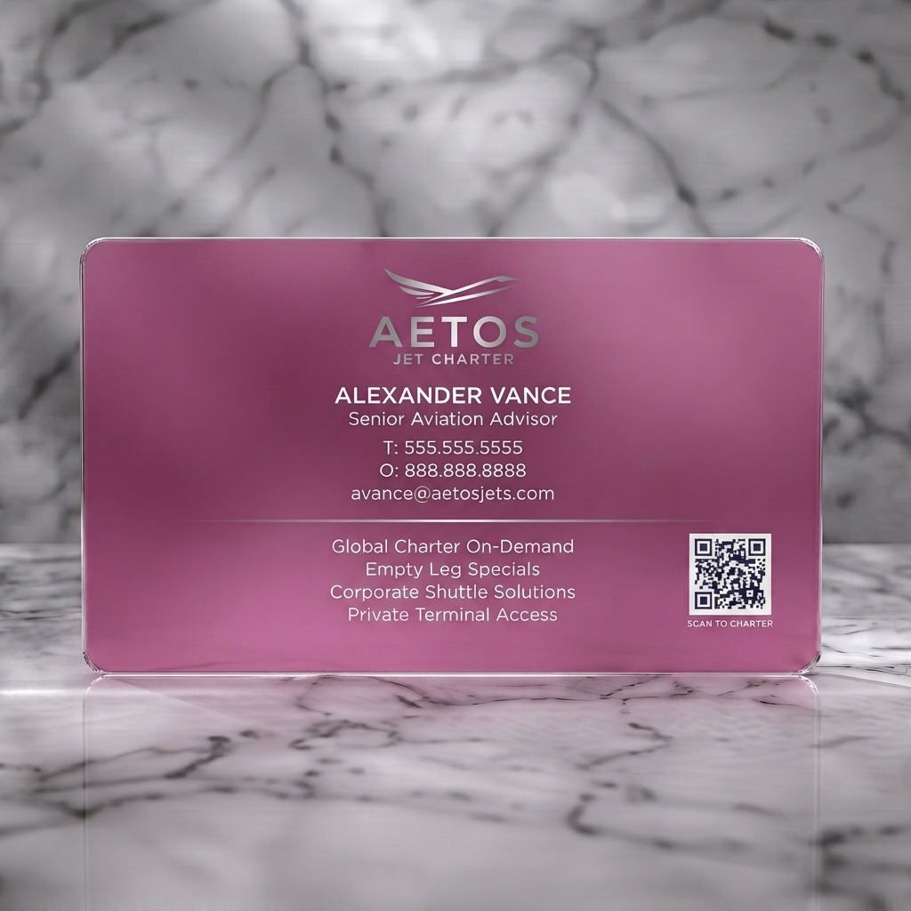 Frosted translucent plastic business card featuring a sleek navy blue and silver design, modern sans-serif typography, abstract jet logo, and QR code