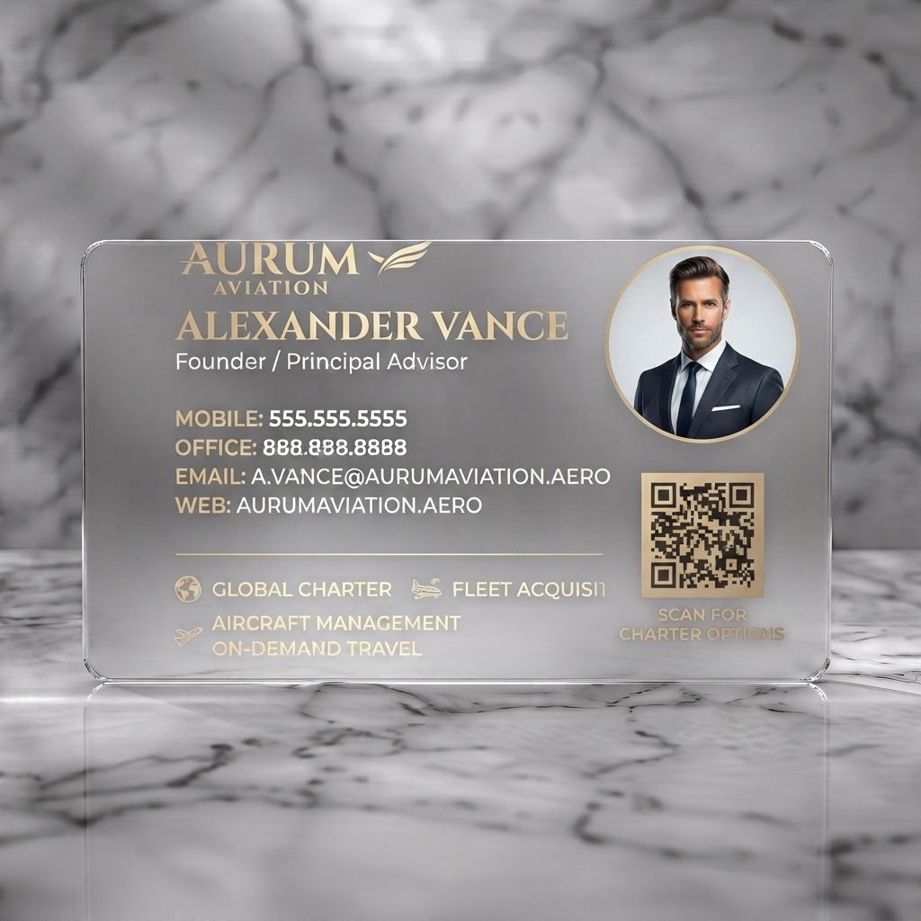Frosted translucent plastic business card featuring luxurious charcoal and gold design, elegant serif/sans-serif fonts, professional photo, and aviation icons with QR