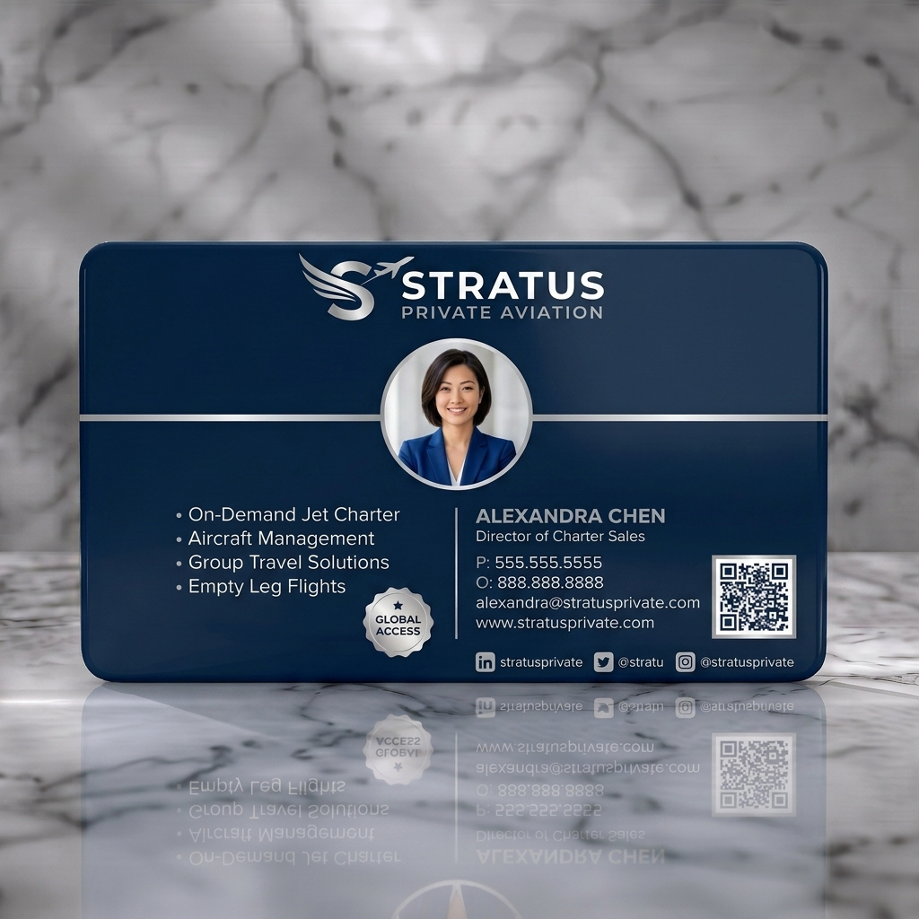 Solid white PVC business card featuring elegant navy and silver design, clean sans-serif typography, professional photo, and modern icons