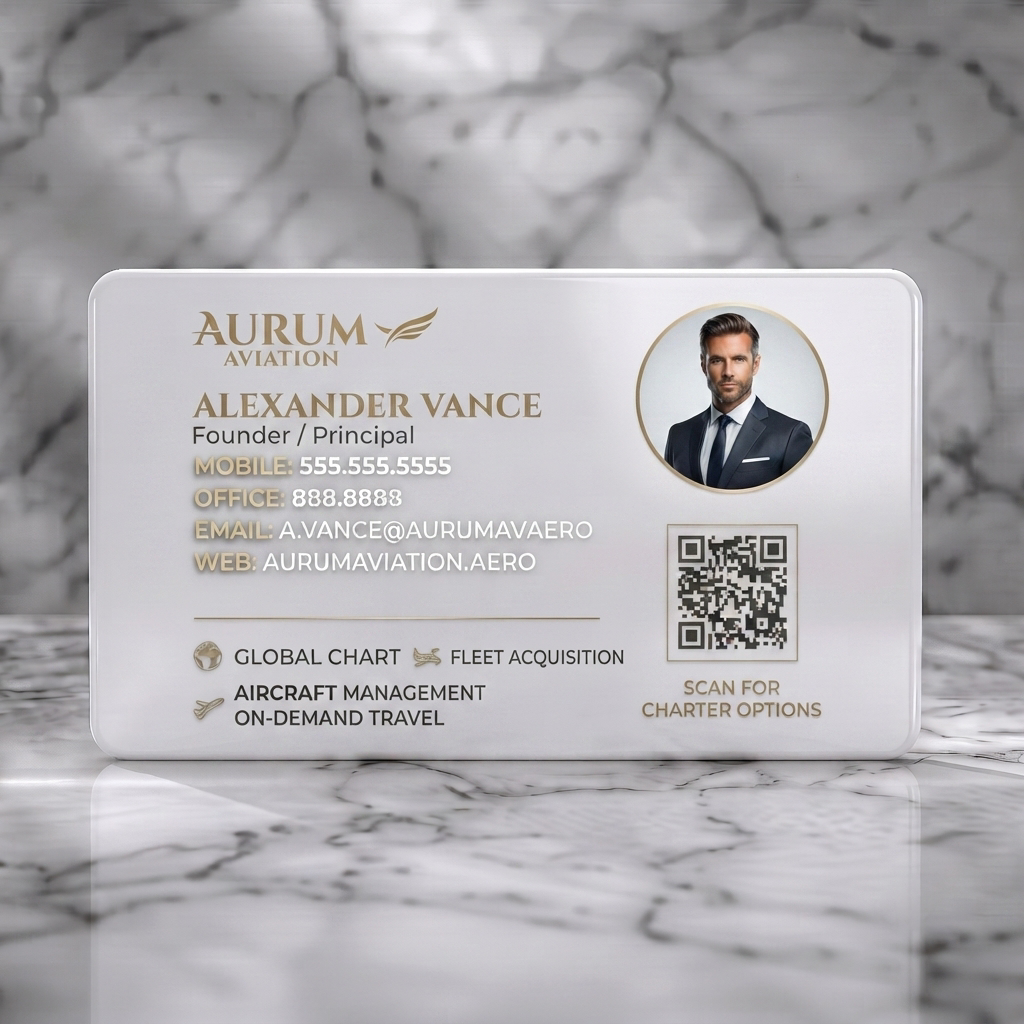 Solid white PVC business card featuring luxurious charcoal and gold design, elegant serif/sans-serif fonts, professional photo, and aviation icons with QR