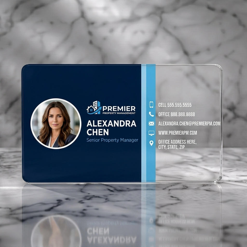 Clear plastic business card featuring modern blue and white, with a headshot, sans-serif typography, building logo, and clean contact icons