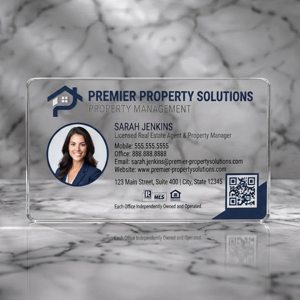 Clear plastic business card featuring a clean, professional design featuring navy blue branding, sans-serif typography, house logo, and profile photo