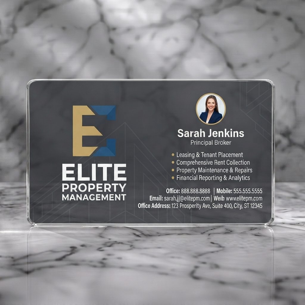 Clear plastic business card featuring modern, professional design, gold and blue 'E' logo, dark gray geometric background, sans-serif text