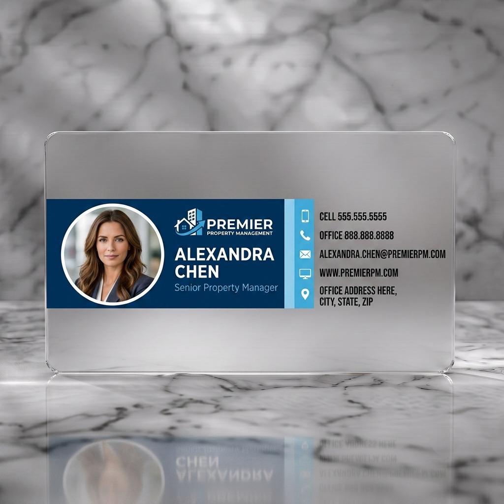 Frosted translucent plastic business card featuring modern blue and white, with a headshot, sans-serif typography, building logo, and clean contact icons