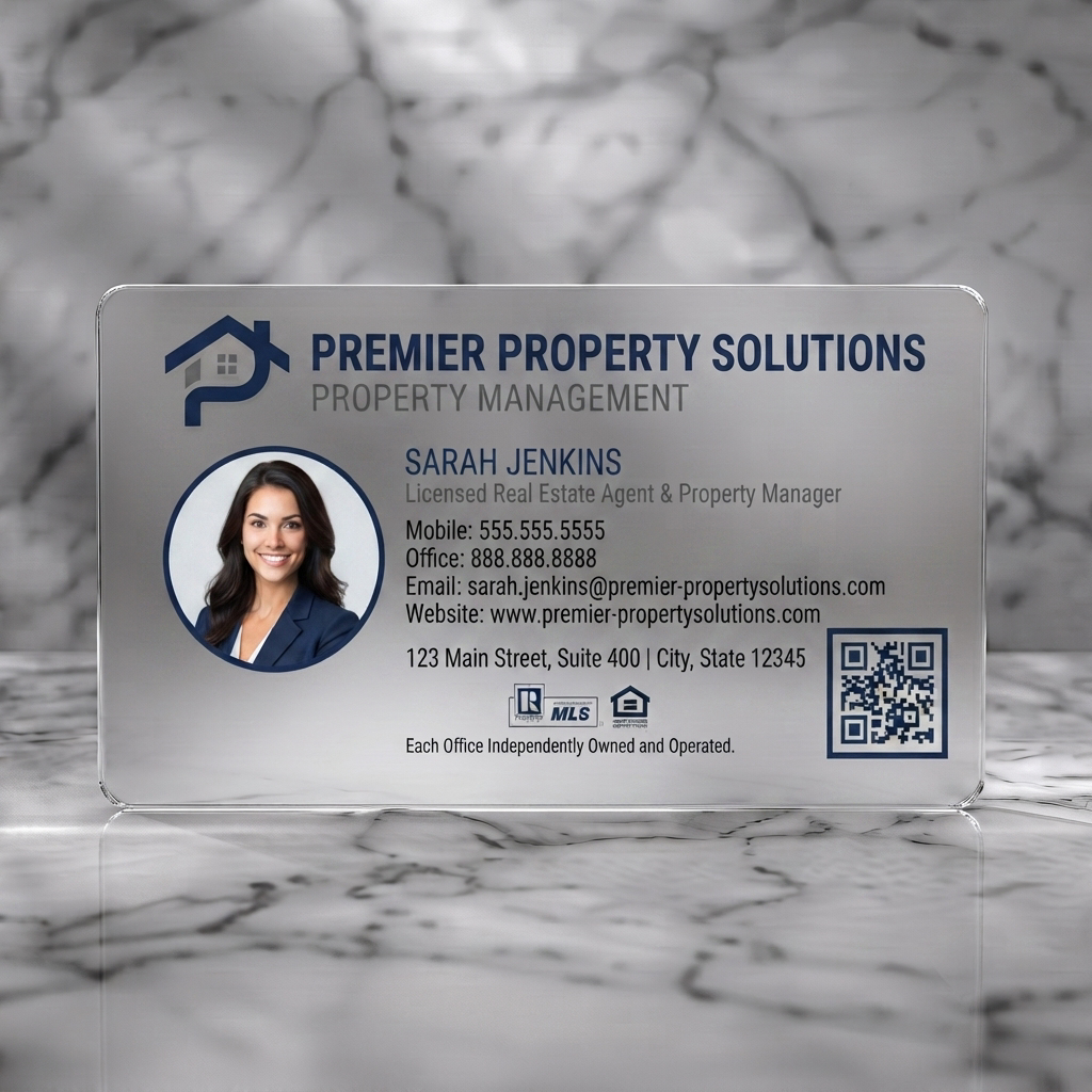 Frosted translucent plastic business card featuring a clean, professional design featuring navy blue branding, sans-serif typography, house logo, and profile photo