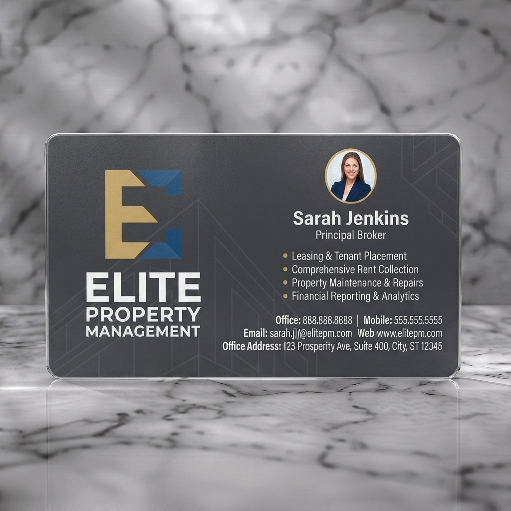 Frosted translucent plastic business card featuring modern, professional design, gold and blue 'E' logo, dark gray geometric background, sans-serif text