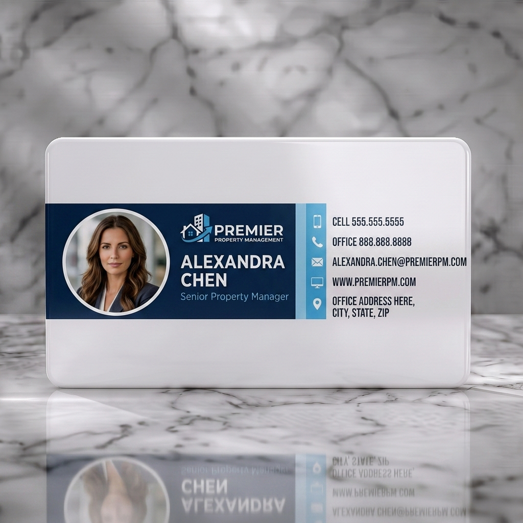 Solid white PVC business card featuring modern blue and white, with a headshot, sans-serif typography, building logo, and clean contact icons