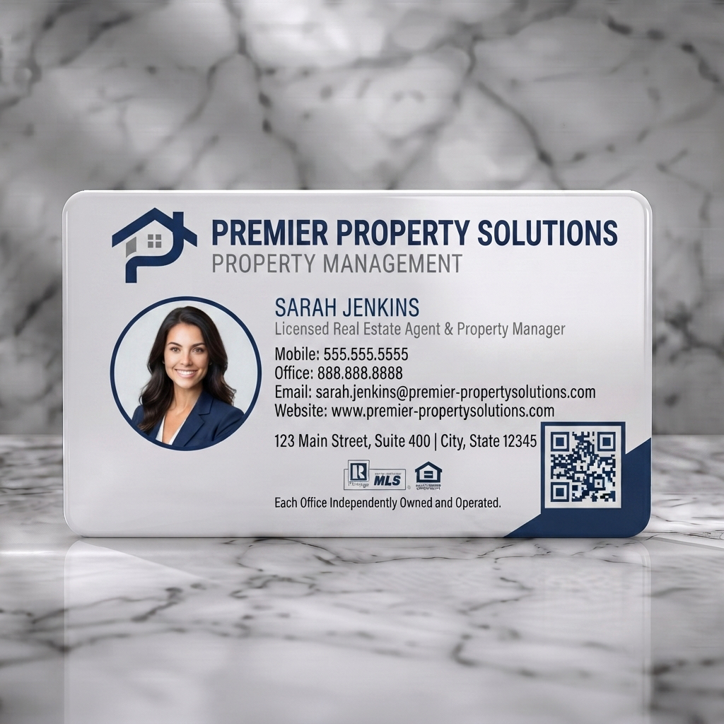 Solid white PVC business card featuring a clean, professional design featuring navy blue branding, sans-serif typography, house logo, and profile photo