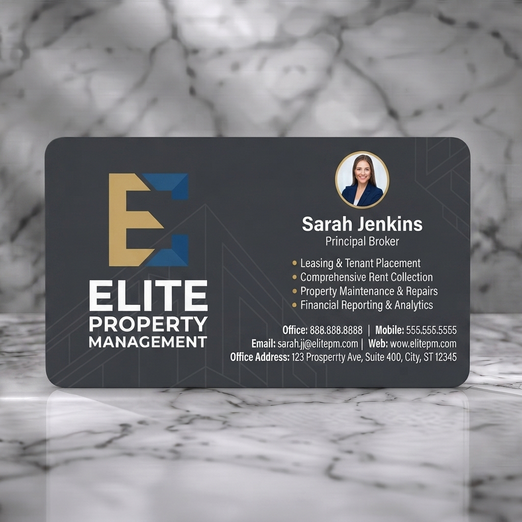Solid white PVC business card featuring modern, professional design, gold and blue 'E' logo, dark gray geometric background, sans-serif text