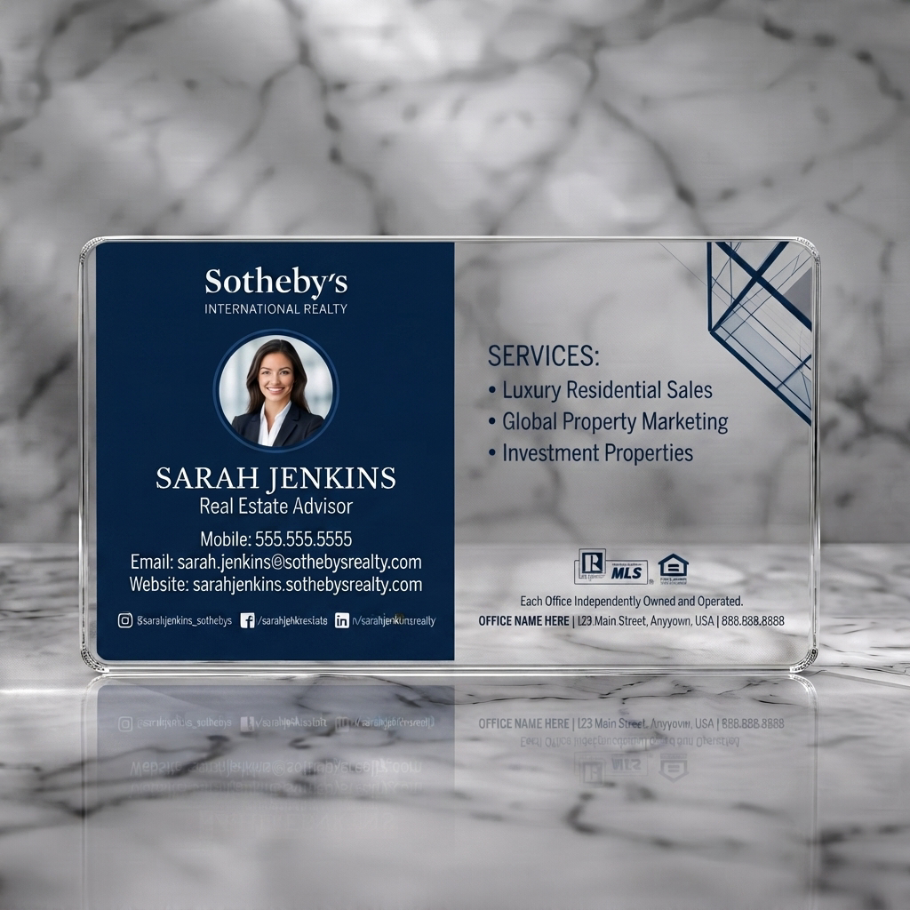 Clear plastic business card featuring a professional two-tone navy blue and white design, featuring a photo, abstract building graphic, and clear text with icons