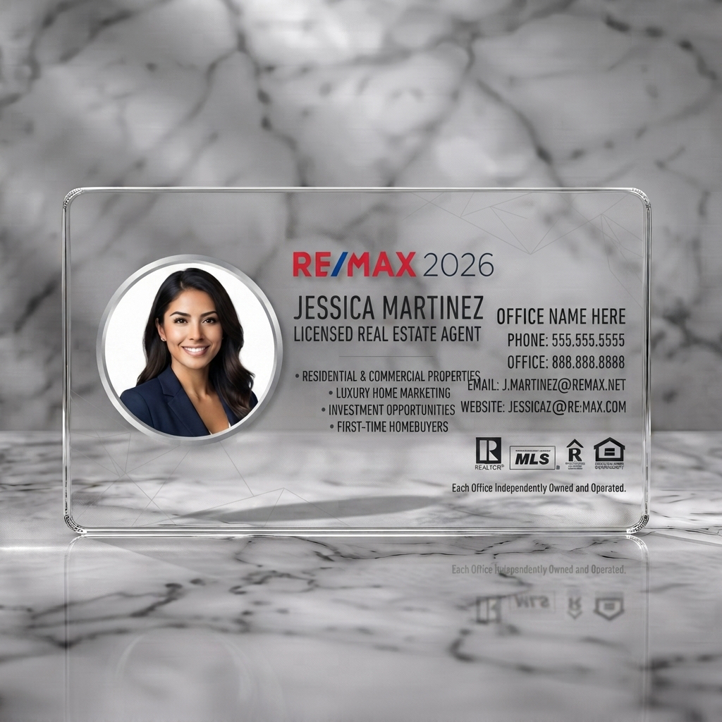 Clear plastic business card featuring modern RE/MAX design with profile photo, red/blue branding, sans-serif typography, and key realtor icons