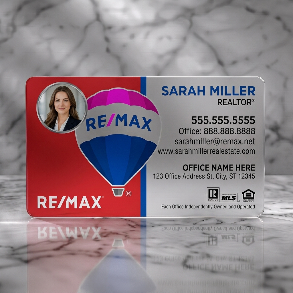 Frosted translucent plastic business card featuring split red/white design, RE/MAX logo, realtor photo, bold sans-serif typography, industry icons