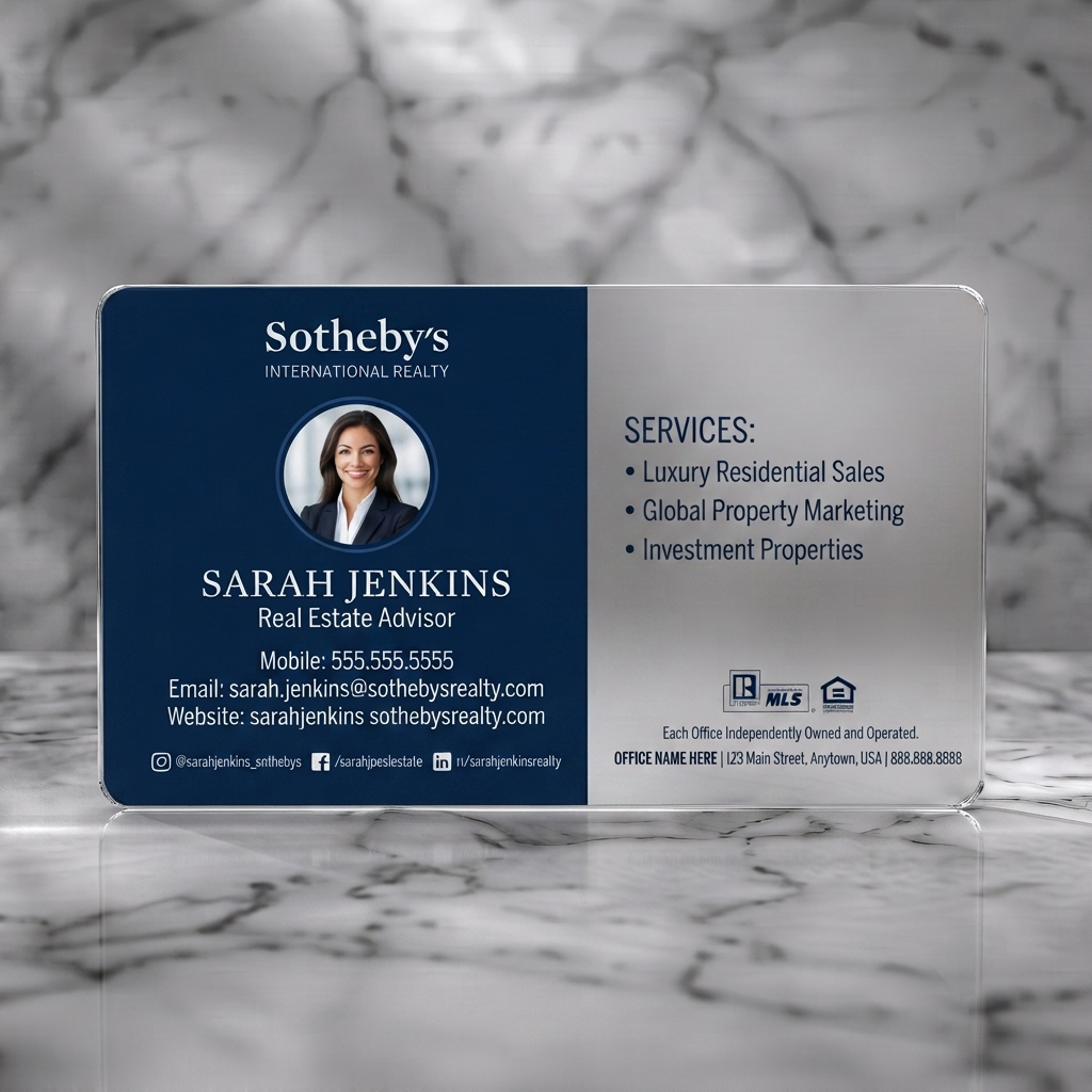 Frosted translucent plastic business card featuring a professional two-tone navy blue and white design, featuring a photo, abstract building graphic, and clear text with icons