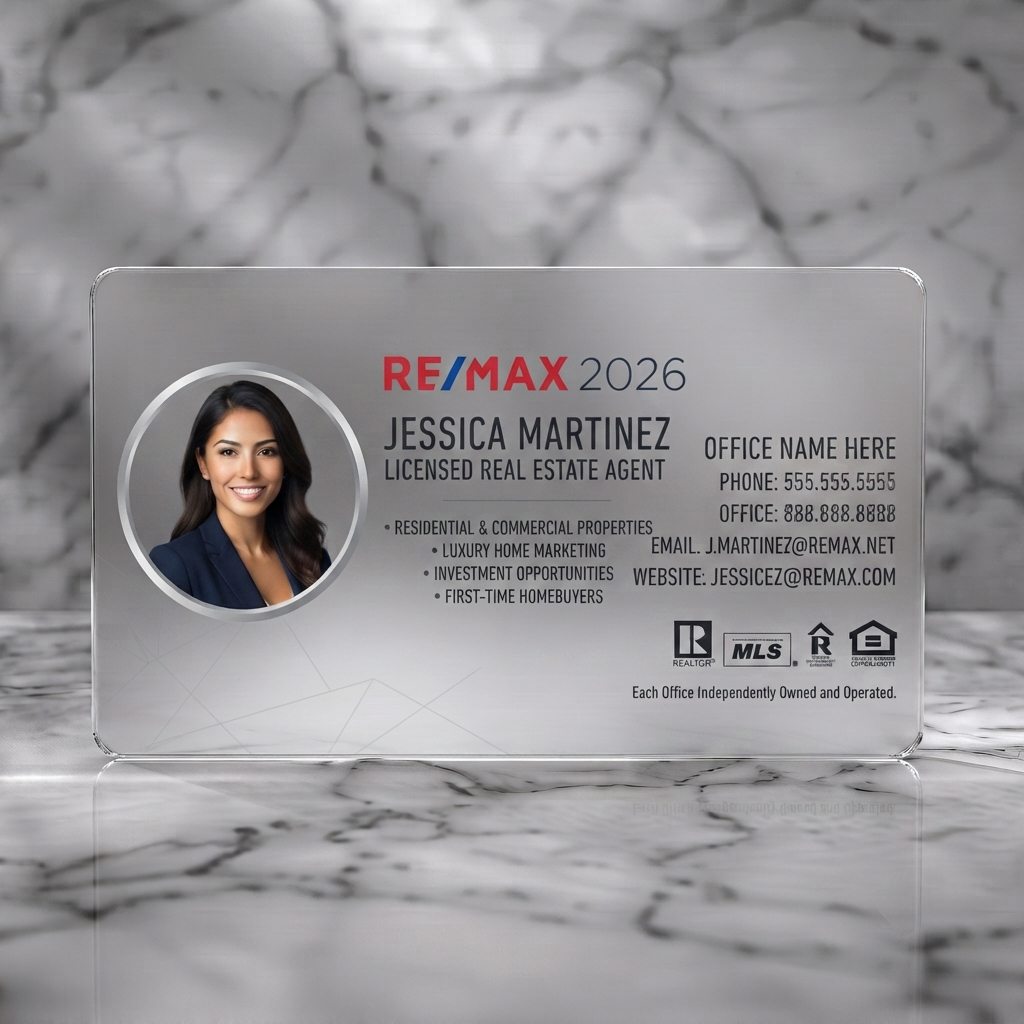 Frosted translucent plastic business card featuring modern RE/MAX design with profile photo, red/blue branding, sans-serif typography, and key realtor icons