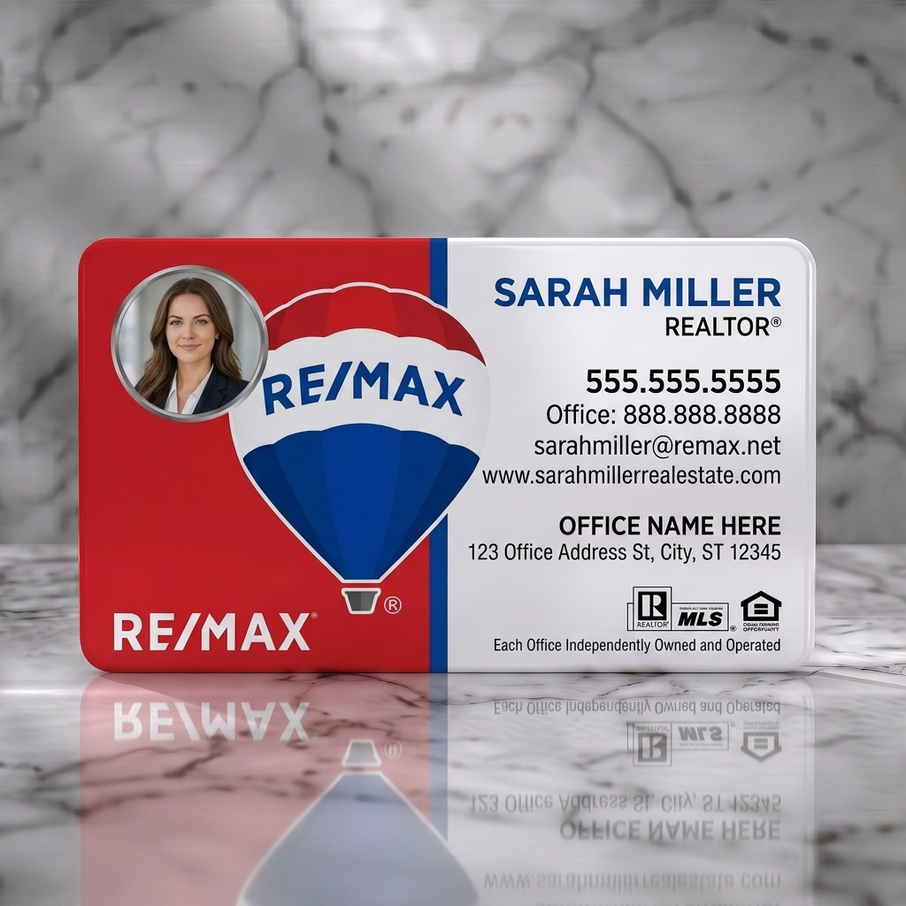 Solid white PVC business card featuring split red/white design, RE/MAX logo, realtor photo, bold sans-serif typography, industry icons
