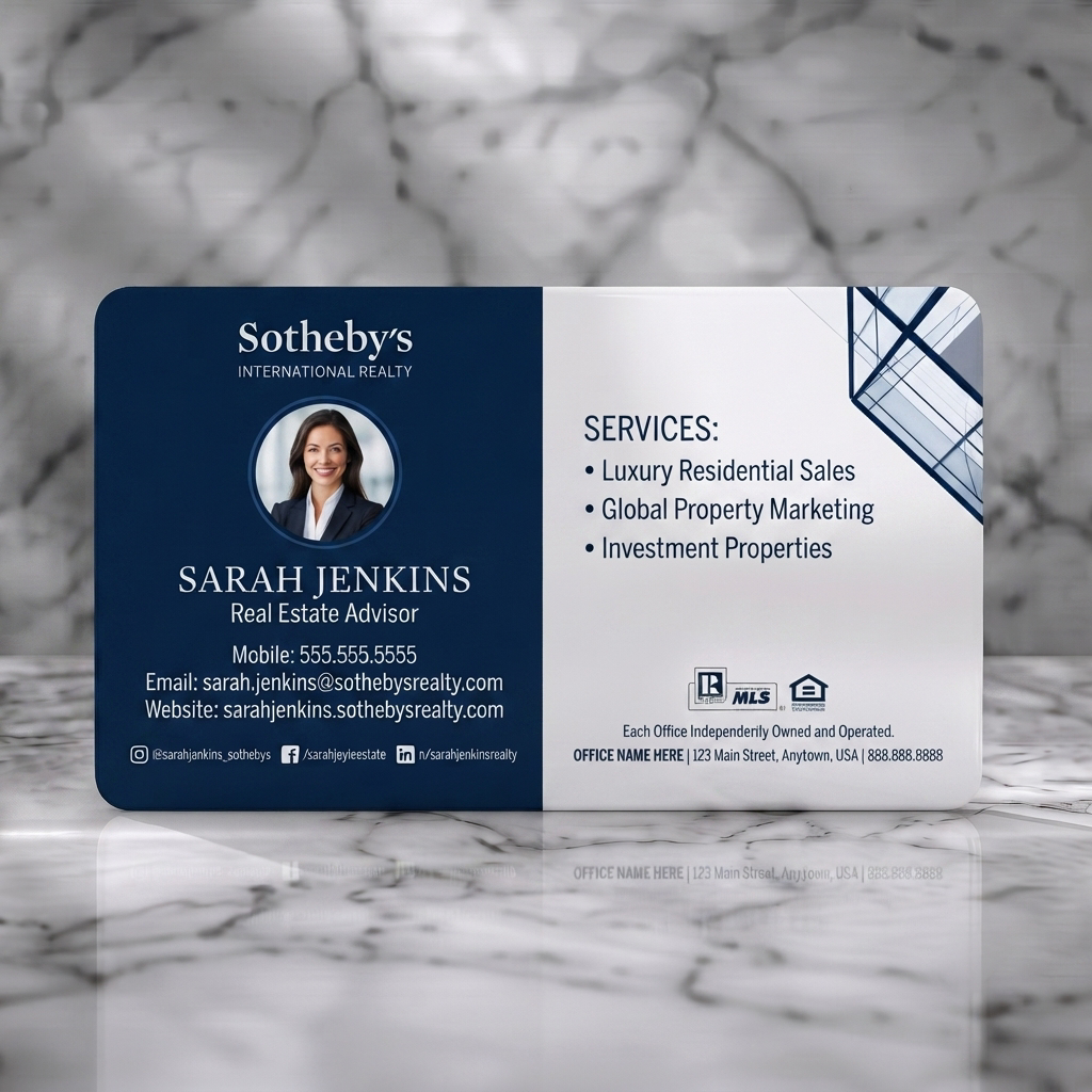 Solid white PVC business card featuring a professional two-tone navy blue and white design, featuring a photo, abstract building graphic, and clear text with icons