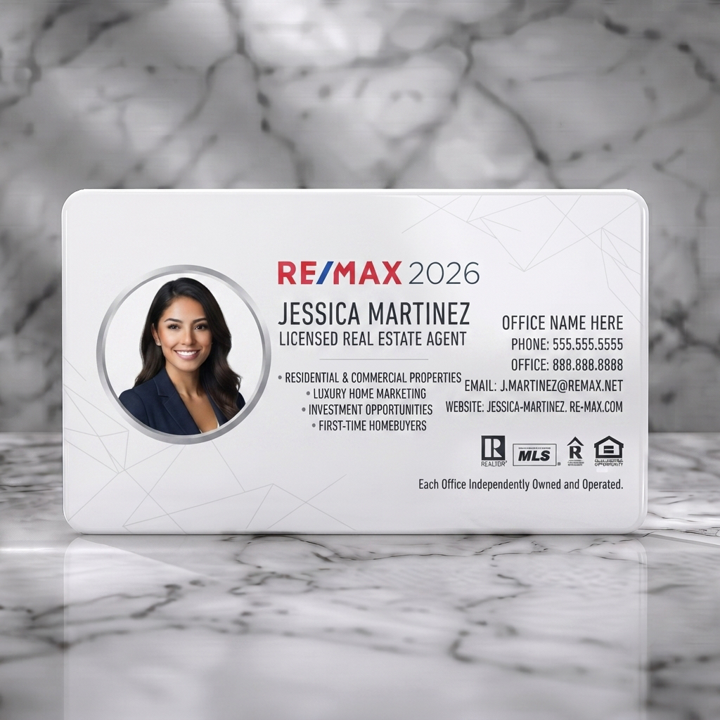 Solid white PVC business card featuring modern RE/MAX design with profile photo, red/blue branding, sans-serif typography, and key realtor icons