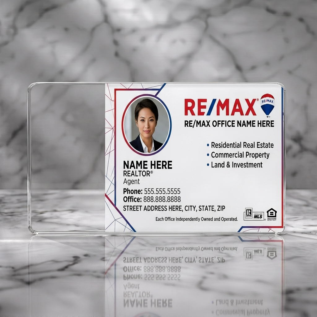 Clear plastic business card featuring modern geometric design with Re/Max red/blue branding, sans-serif typography, agent photo, and key icons