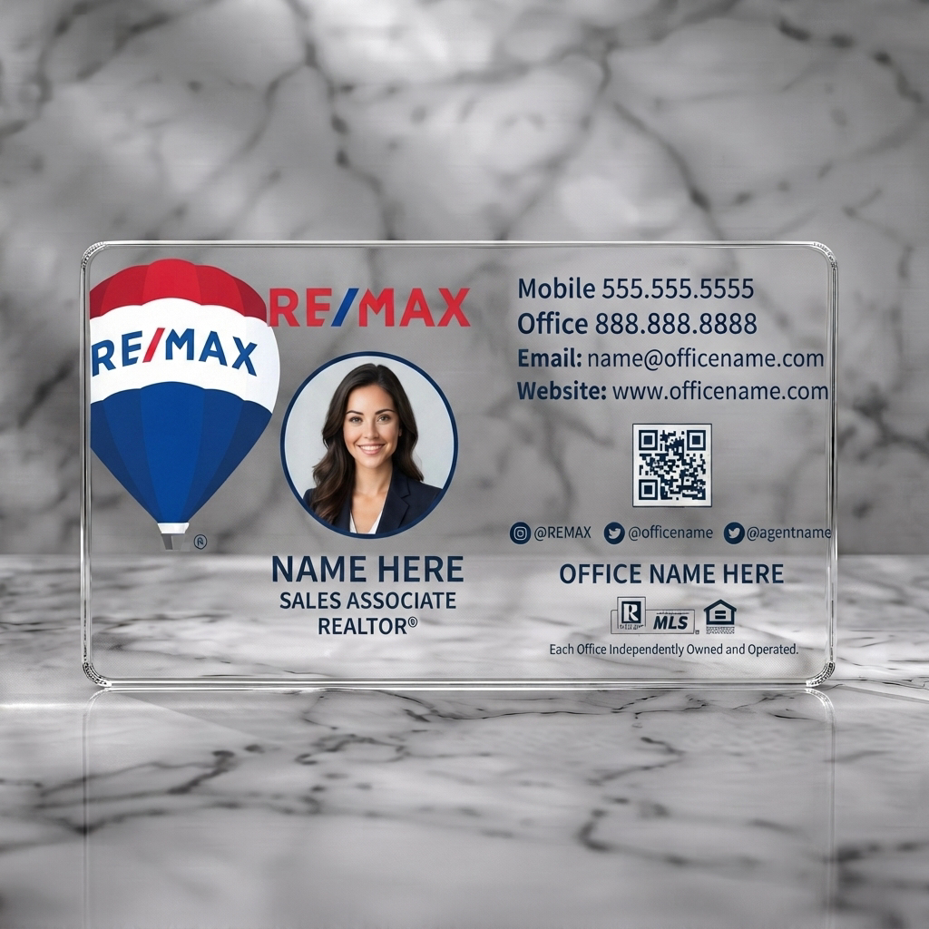 Clear plastic business card featuring clean white, RE/MAX red/blue branding, agent photo, QR, modern sans-serif typography, and icons