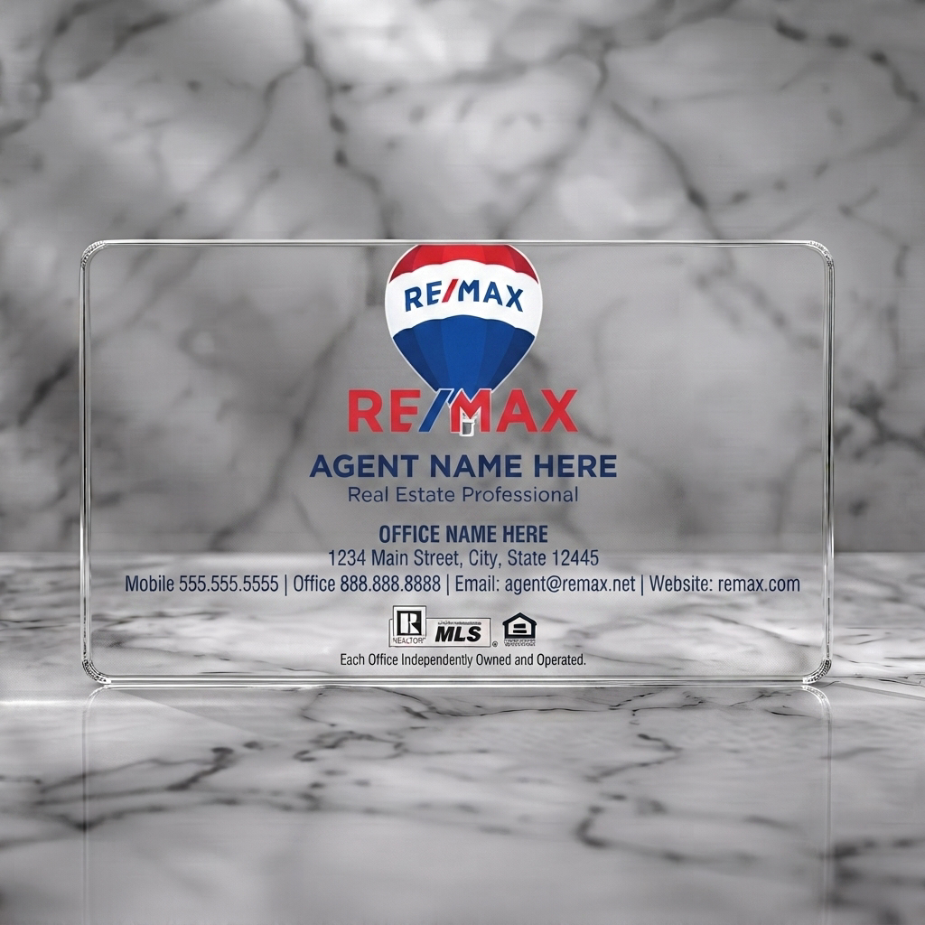 Clear plastic business card featuring a modern Remax design with a prominent, layered balloon logo in brand colors and clear contact details