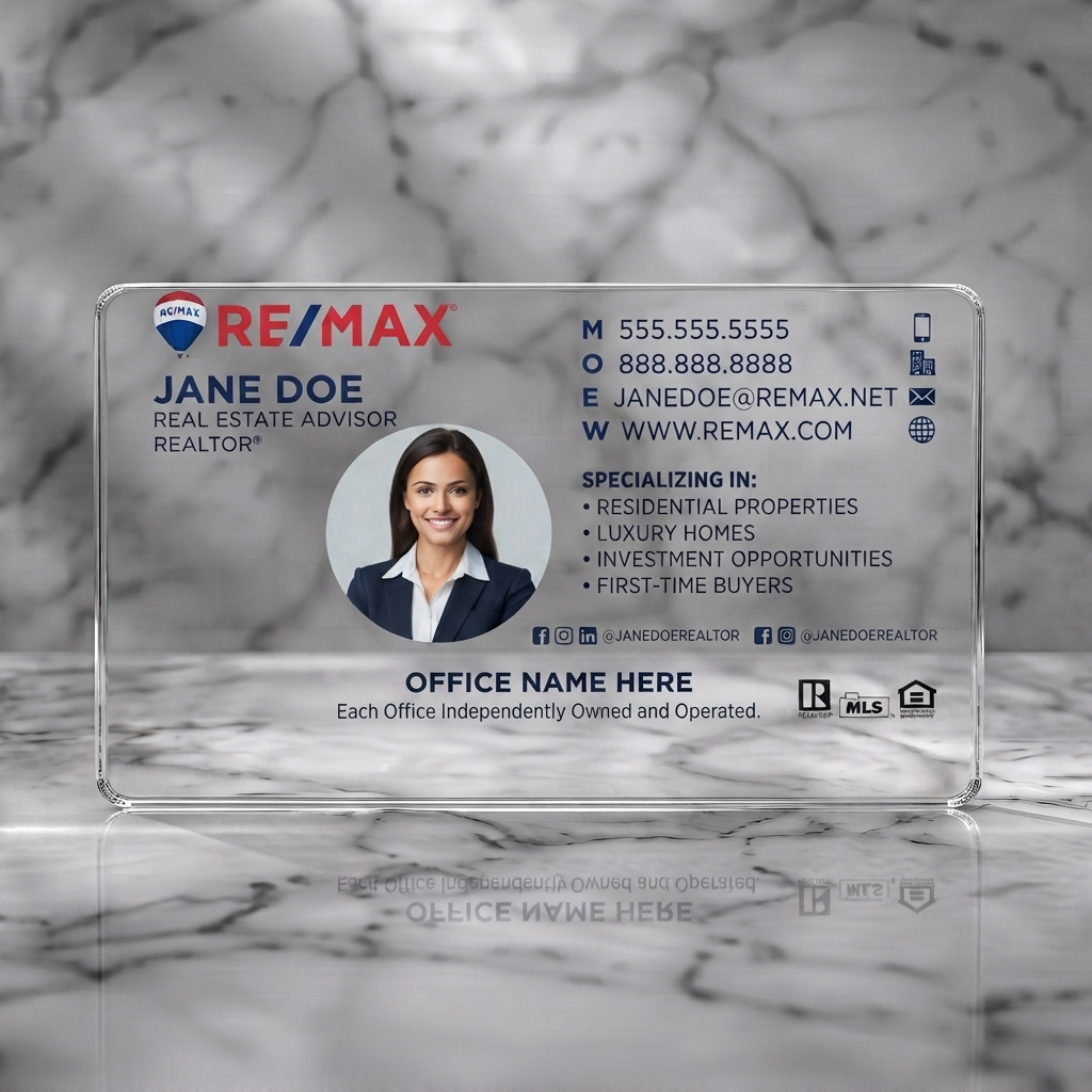 Clear plastic business card featuring clean, professional design using Remax red/blue, sans-serif fonts, contact & social media icons, agent photo