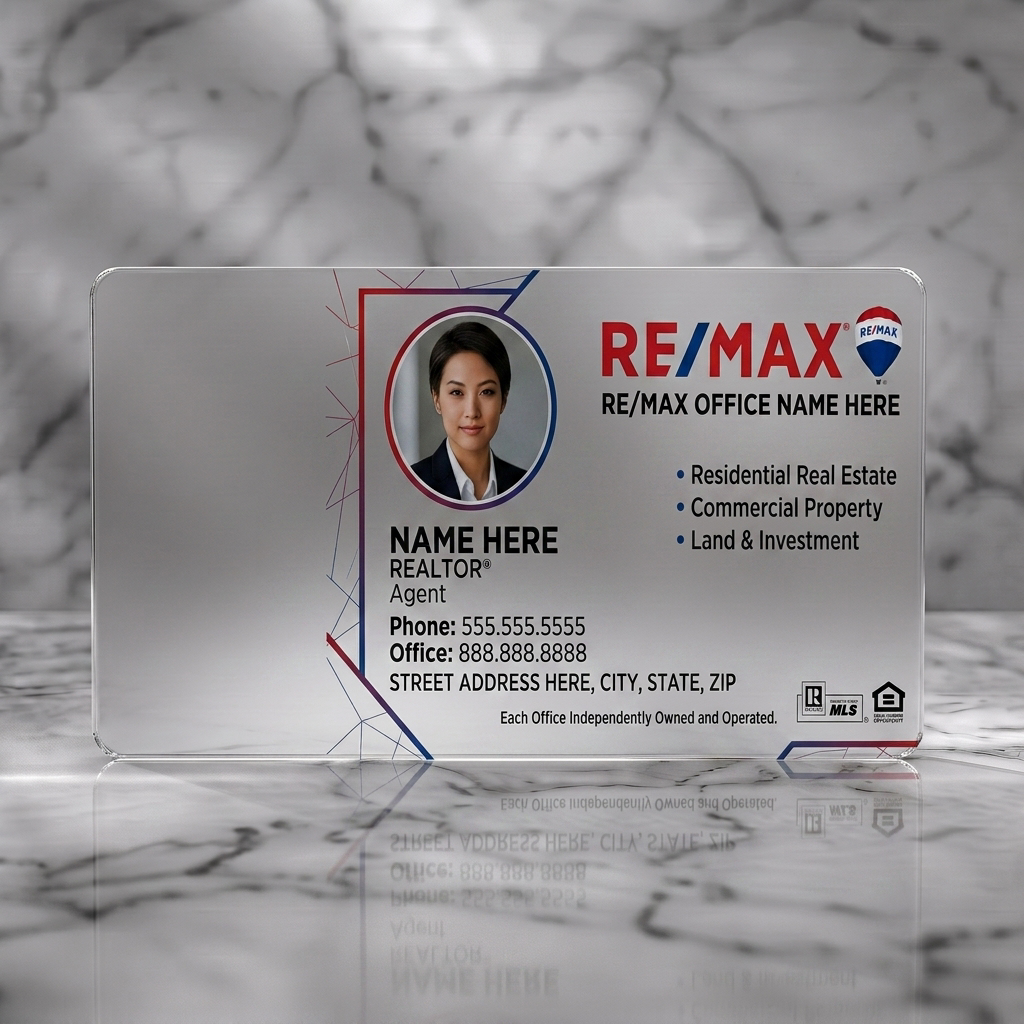 Frosted translucent plastic business card featuring modern geometric design with Re/Max red/blue branding, sans-serif typography, agent photo, and key icons