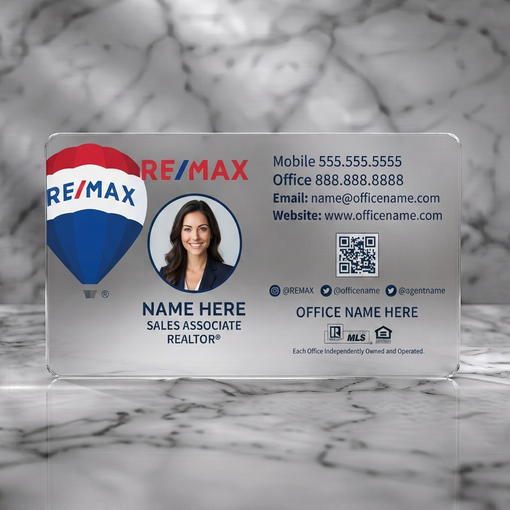 Frosted translucent plastic business card featuring clean white, RE/MAX red/blue branding, agent photo, QR, modern sans-serif typography, and icons