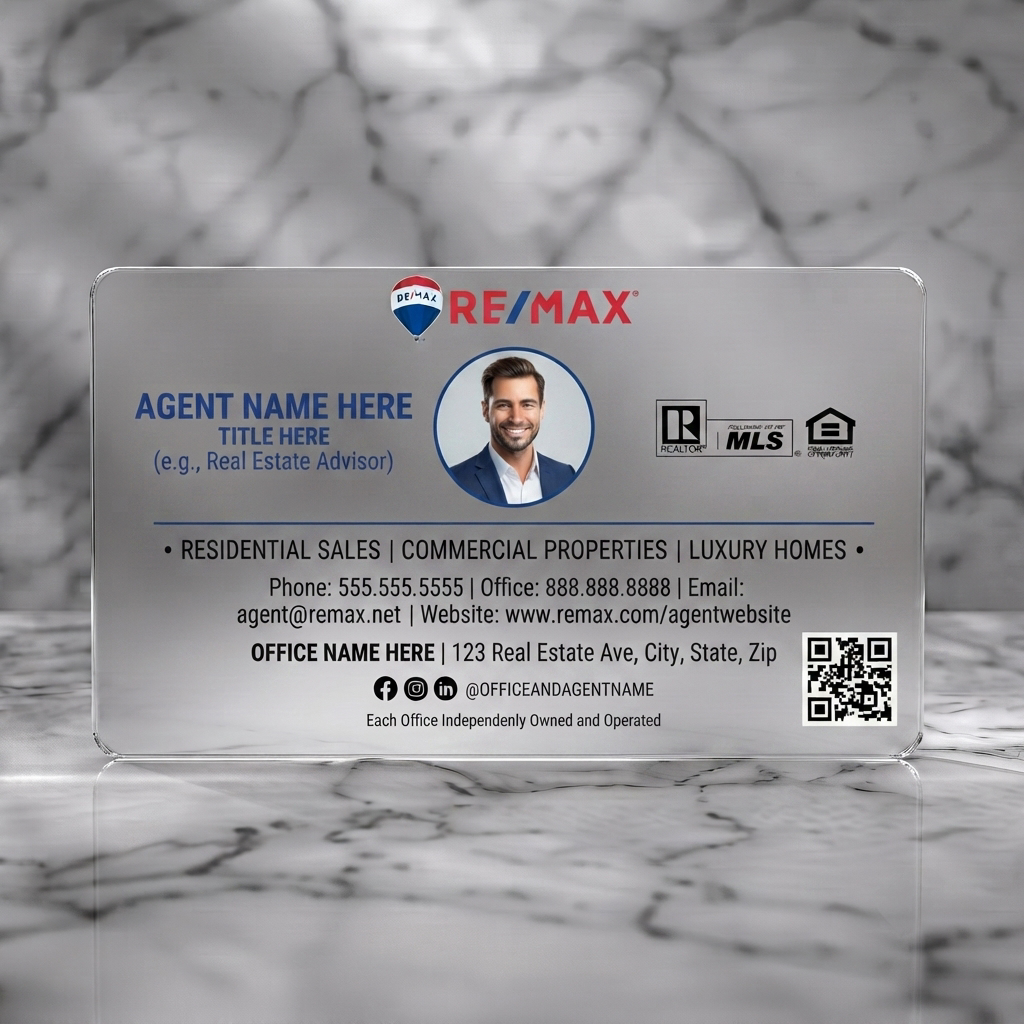 Frosted translucent plastic business card featuring clean layout, circular agent photo, RE/MAX red/blue branding, dark blue sans-serif text, and industry icons