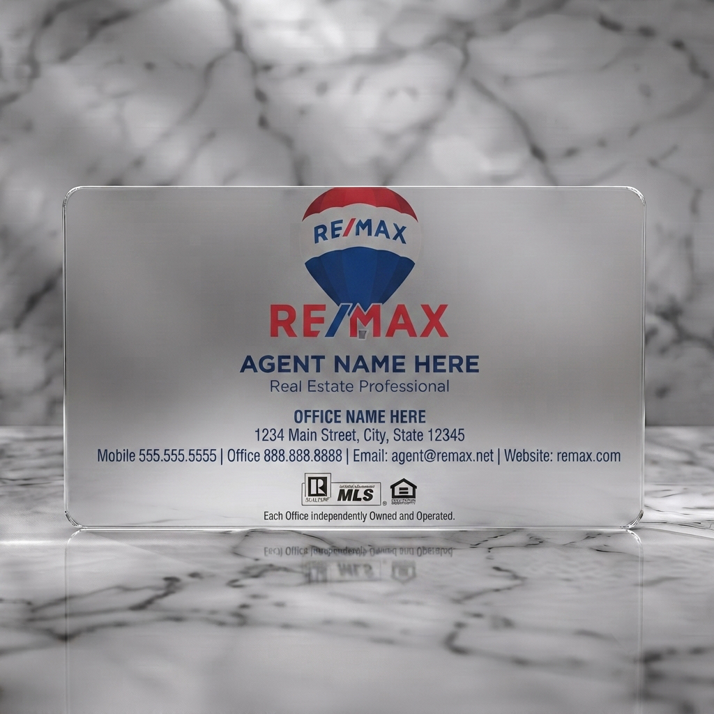 Frosted translucent plastic business card featuring a modern Remax design with a prominent, layered balloon logo in brand colors and clear contact details