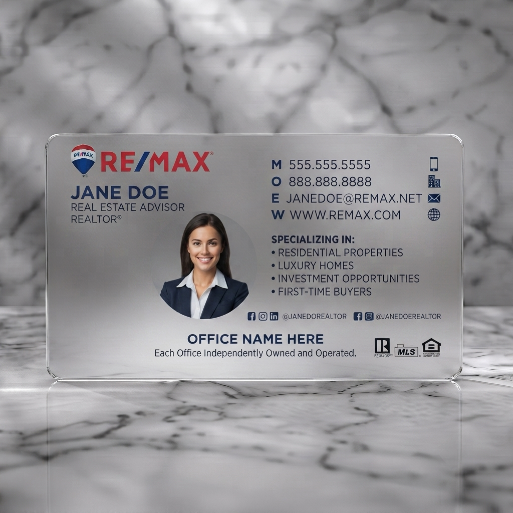 Frosted translucent plastic business card featuring clean, professional design using Remax red/blue, sans-serif fonts, contact & social media icons, agent photo