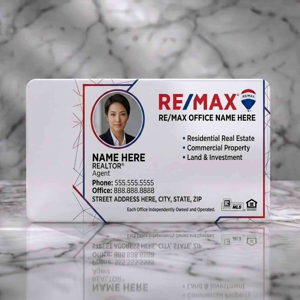Solid white PVC business card featuring modern geometric design with Re/Max red/blue branding, sans-serif typography, agent photo, and key icons