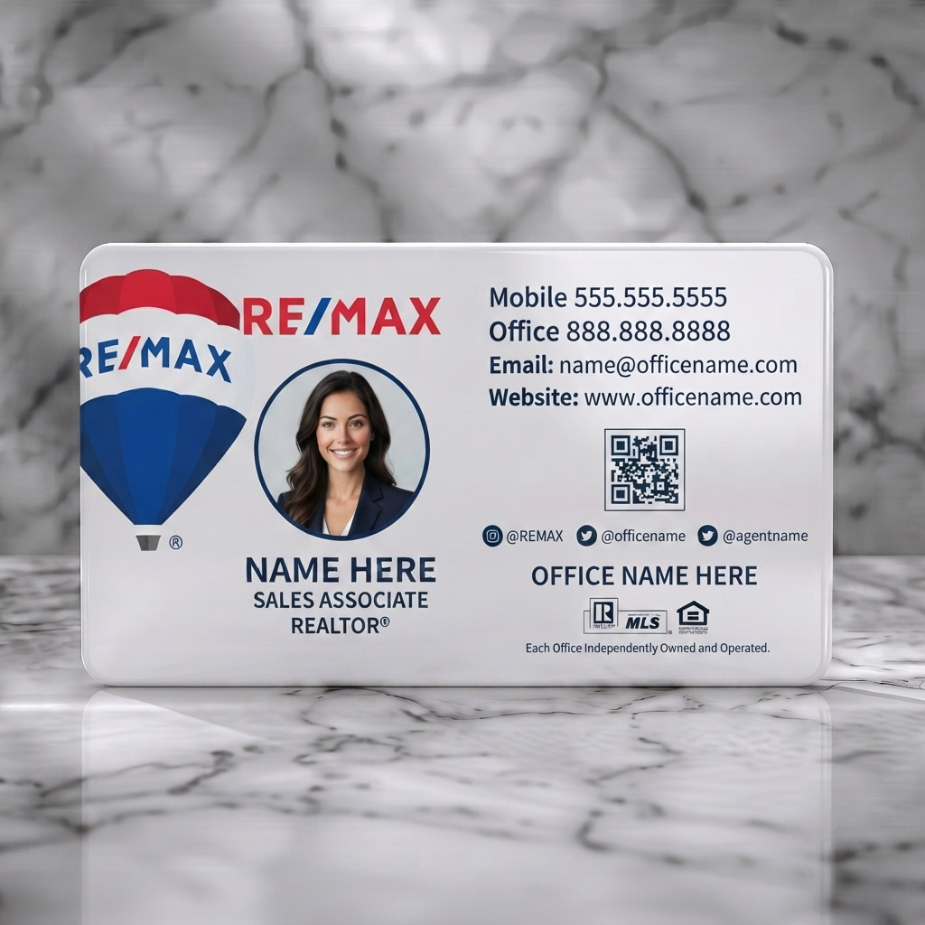 Solid white PVC business card featuring clean white, RE/MAX red/blue branding, agent photo, QR, modern sans-serif typography, and icons