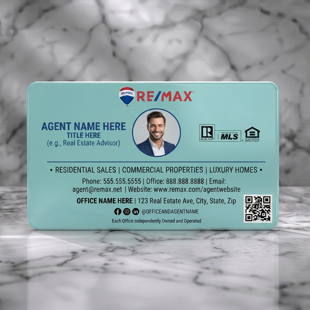 Solid white PVC business card featuring clean layout, circular agent photo, RE/MAX red/blue branding, dark blue sans-serif text, and industry icons