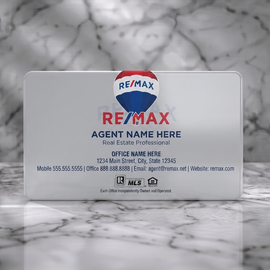 Solid white PVC business card featuring a modern Remax design with a prominent, layered balloon logo in brand colors and clear contact details
