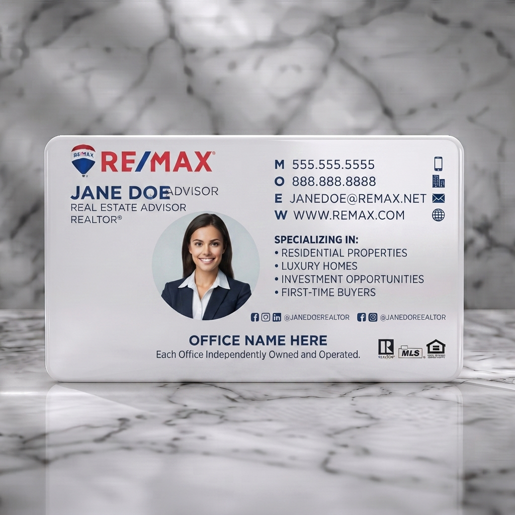 Solid white PVC business card featuring clean, professional design using Remax red/blue, sans-serif fonts, contact & social media icons, agent photo