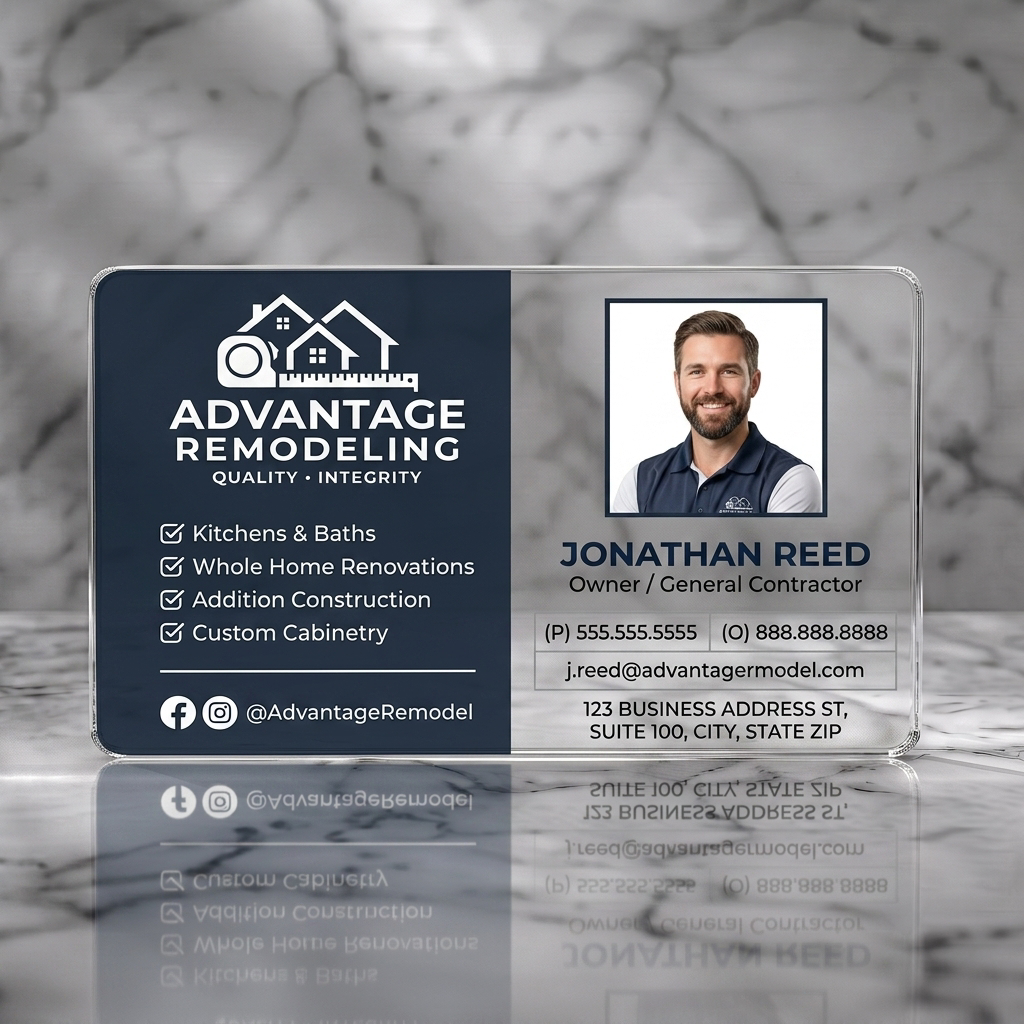 Clear plastic business card featuring modern navy and white design, clean sans-serif typography, construction-themed icons, and a professional photo
