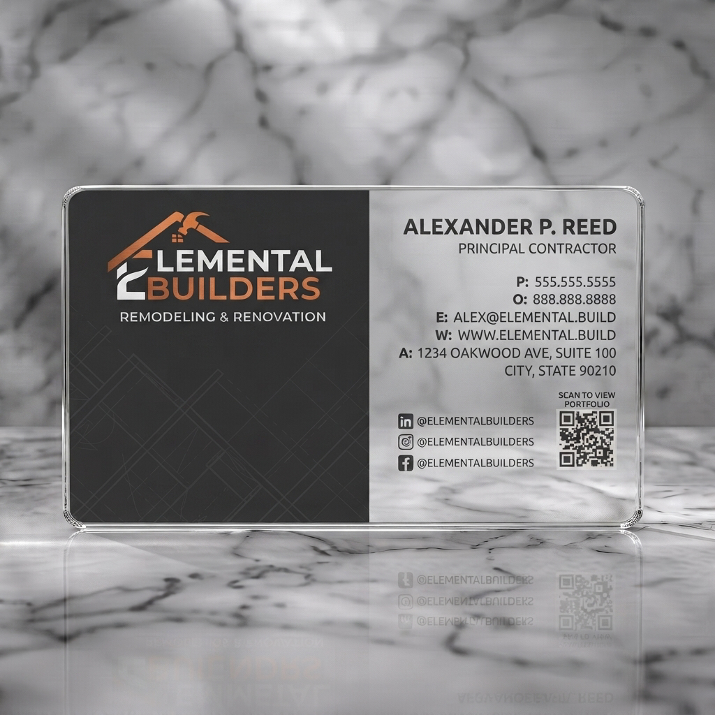 Clear plastic business card featuring a modern split-design with a copper construction logo, sans-serif typography, social icons, and a QR code