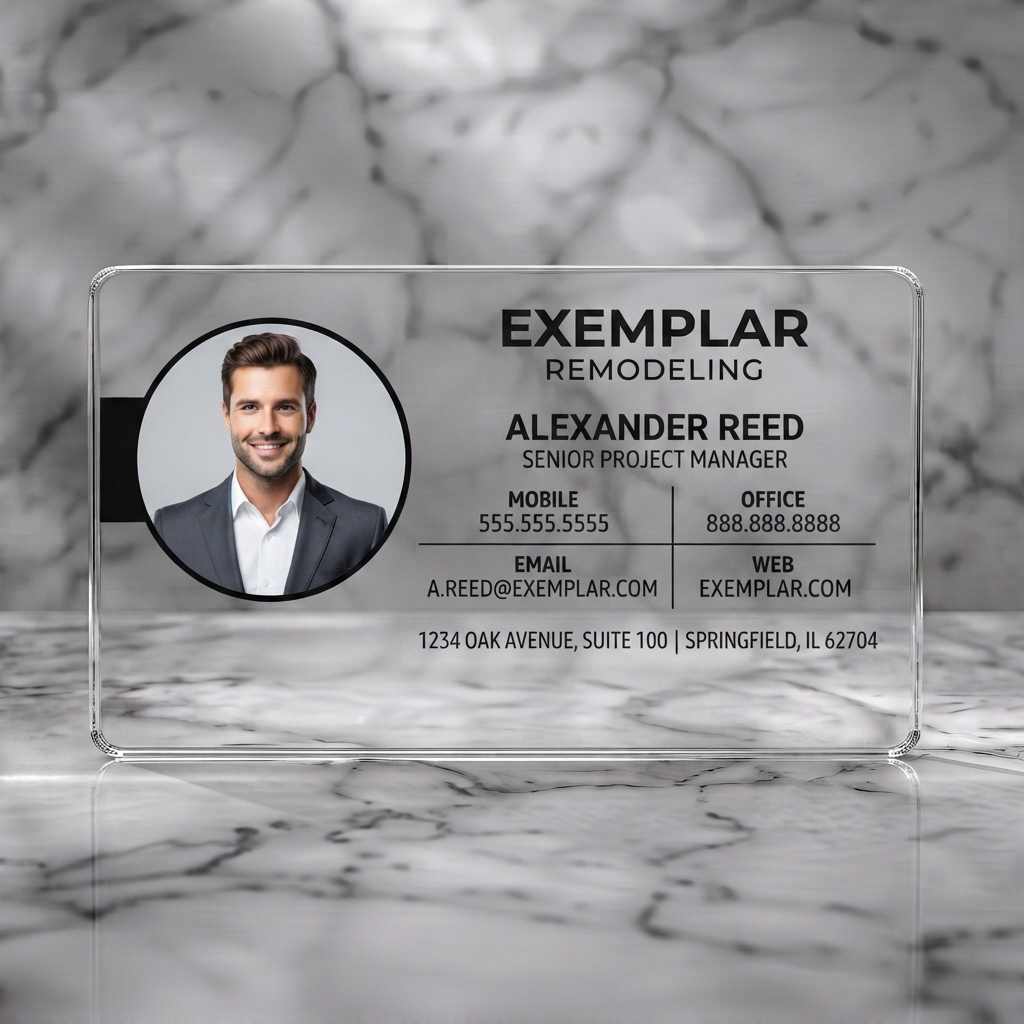 Clear plastic business card featuring a modern layout with a professional headshot, contrasting dark grey and white text on a clean background, using sans-serif fonts