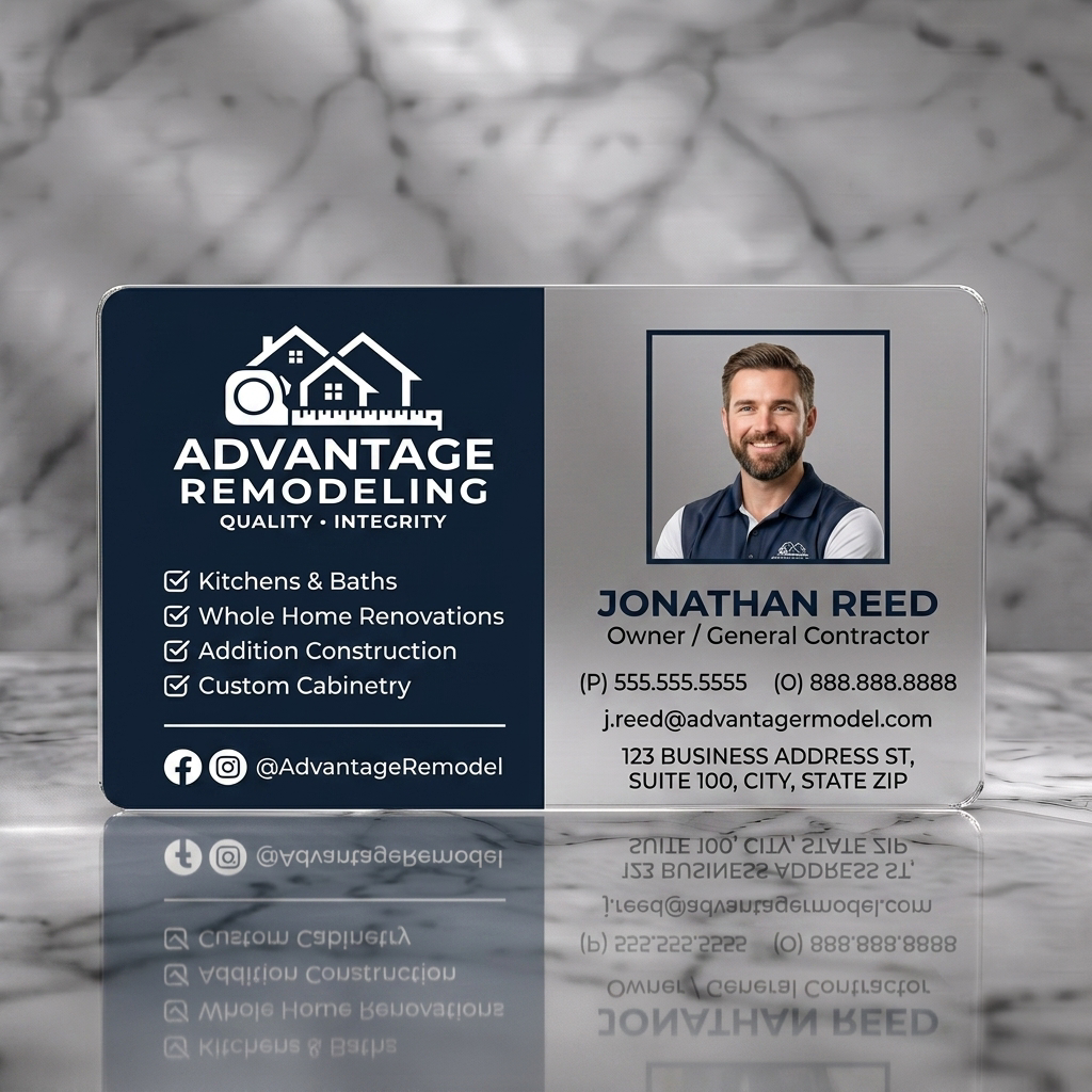 Frosted translucent plastic business card featuring modern navy and white design, clean sans-serif typography, construction-themed icons, and a professional photo