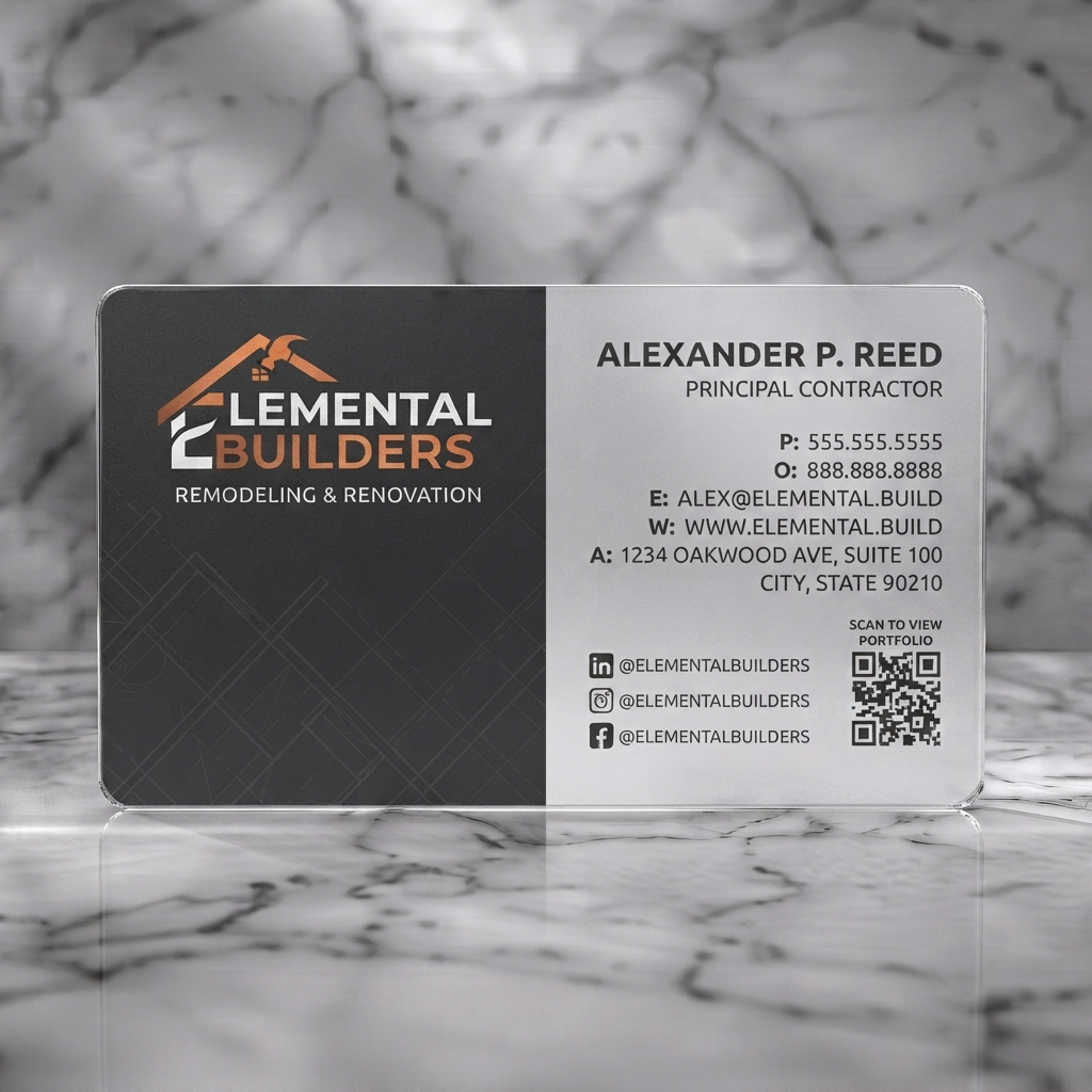 Frosted translucent plastic business card featuring a modern split-design with a copper construction logo, sans-serif typography, social icons, and a QR code