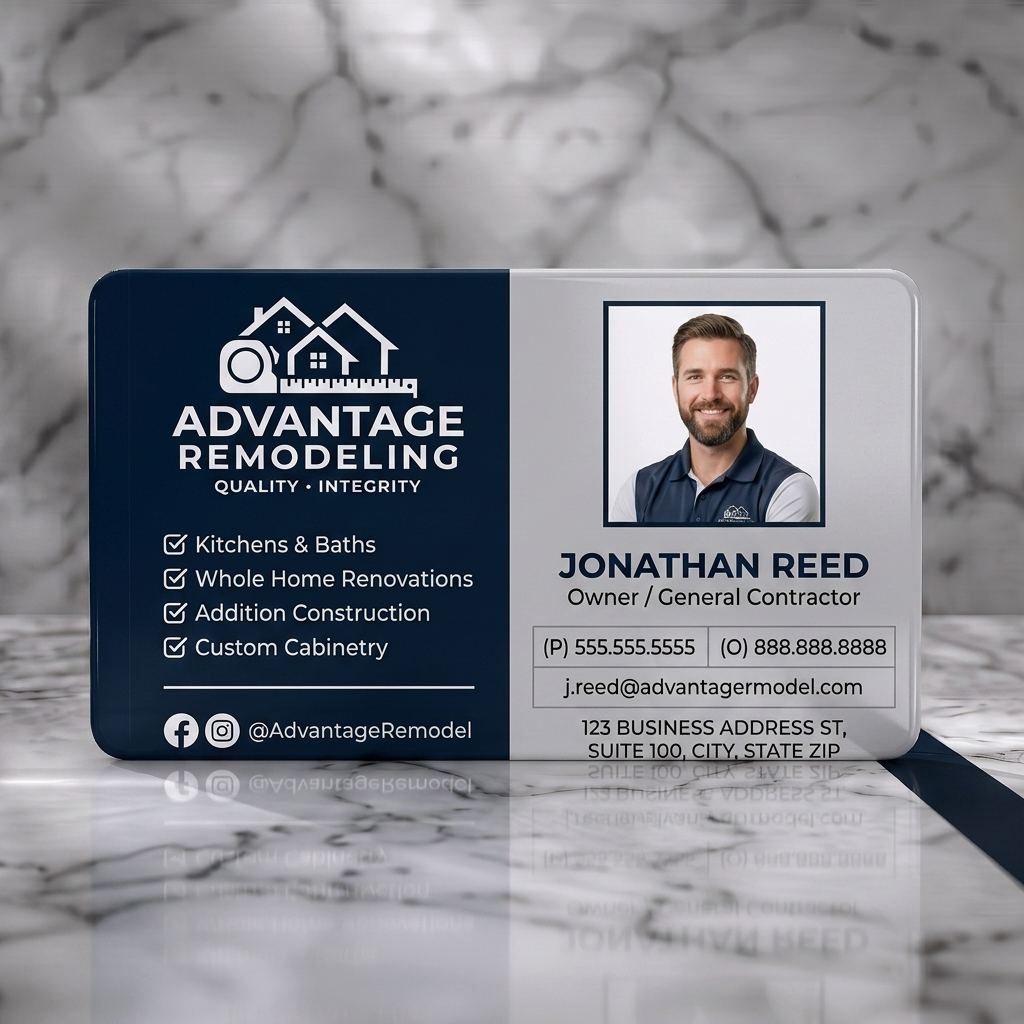 Solid white PVC business card featuring modern navy and white design, clean sans-serif typography, construction-themed icons, and a professional photo