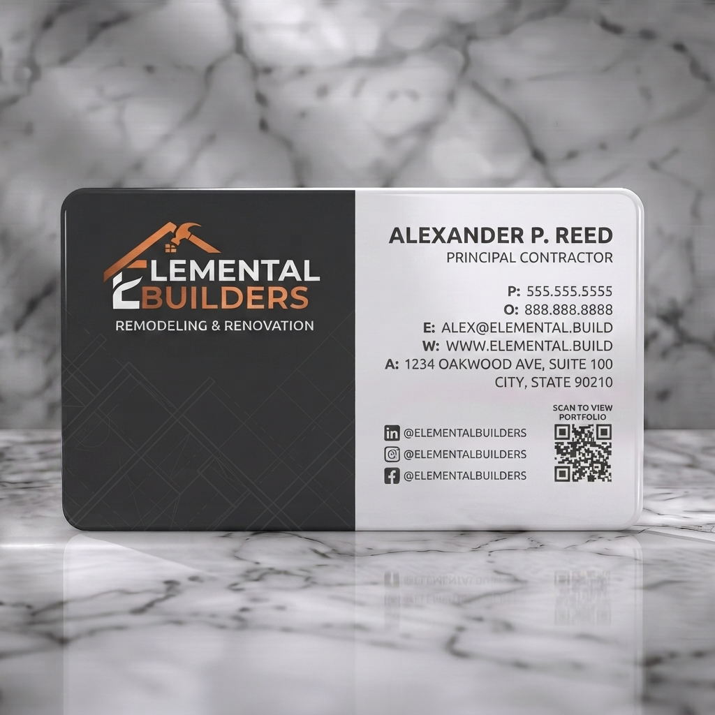 Solid white PVC business card featuring a modern split-design with a copper construction logo, sans-serif typography, social icons, and a QR code