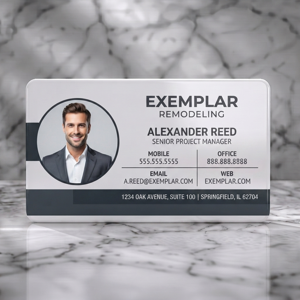 Solid white PVC business card featuring a modern layout with a professional headshot, contrasting dark grey and white text on a clean background, using sans-serif fonts