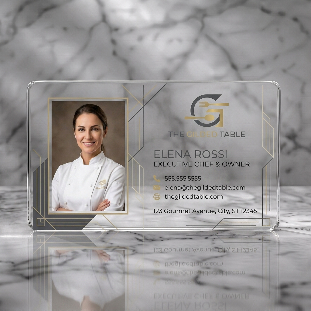 Clear plastic business card featuring art Deco geometric design, professional chef photo, gold & charcoal branding, and elegant typography