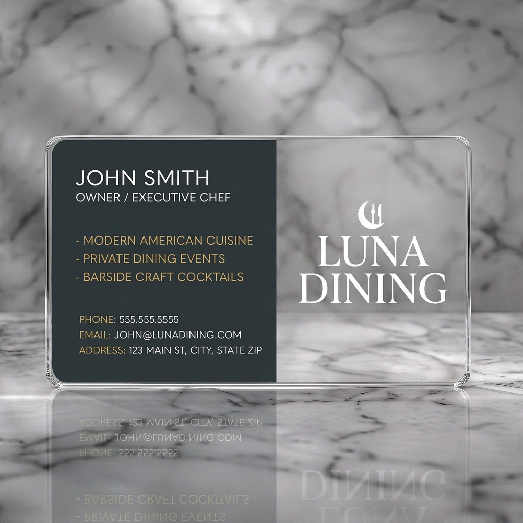 Clear plastic business card featuring elegant split-layout, moon-cutlery icon, crisp serif and sans-serif fonts, dark grey, white, gold accents