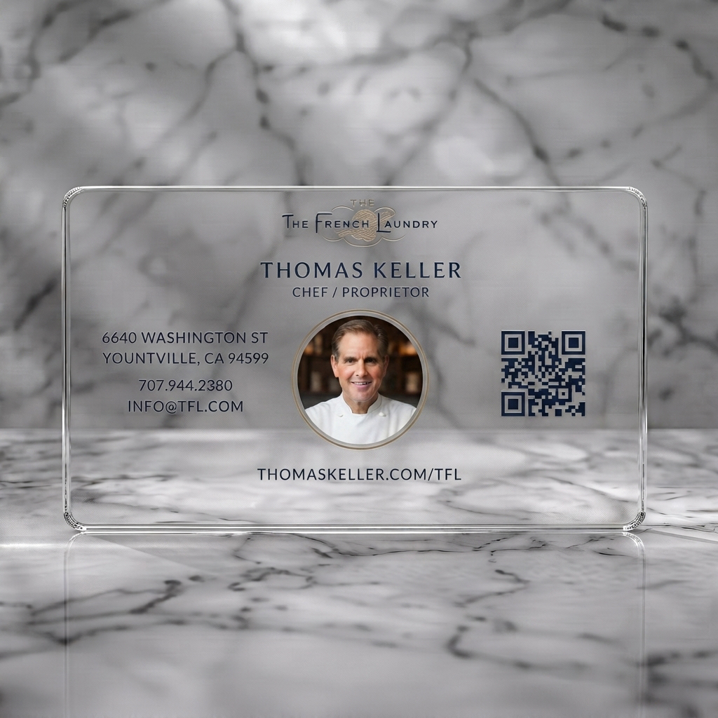 Clear plastic business card featuring elegant cream and blue design with classic serif typography, chef headshot, and QR code