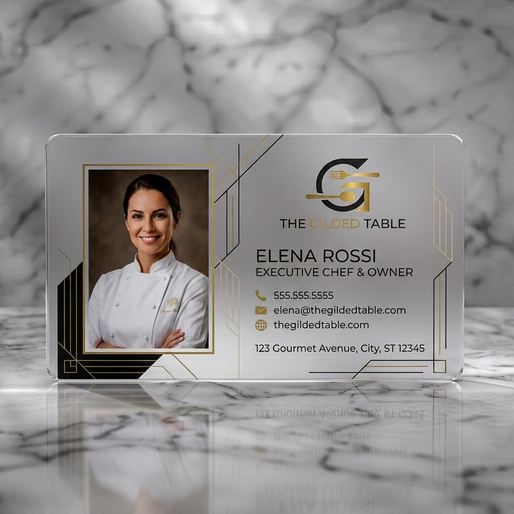 Frosted translucent plastic business card featuring art Deco geometric design, professional chef photo, gold & charcoal branding, and elegant typography