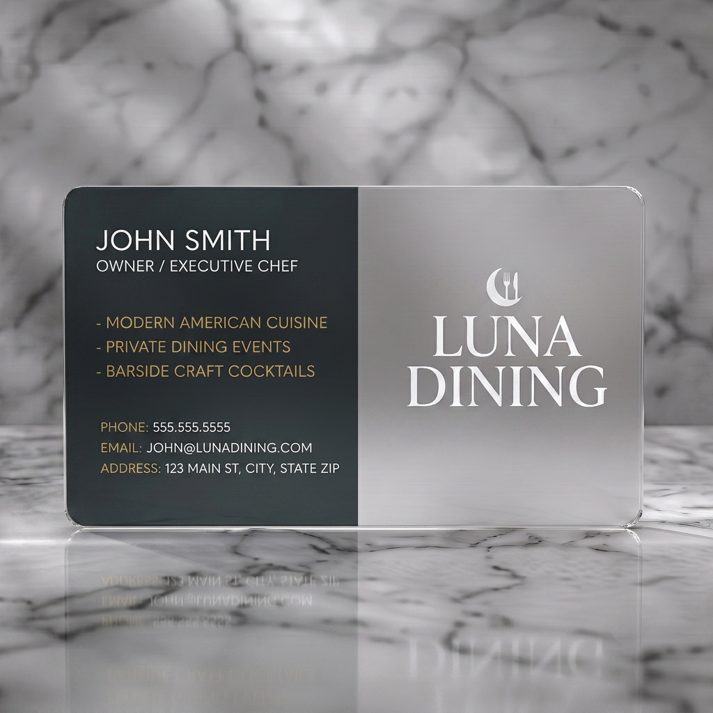 Frosted translucent plastic business card featuring elegant split-layout, moon-cutlery icon, crisp serif and sans-serif fonts, dark grey, white, gold accents
