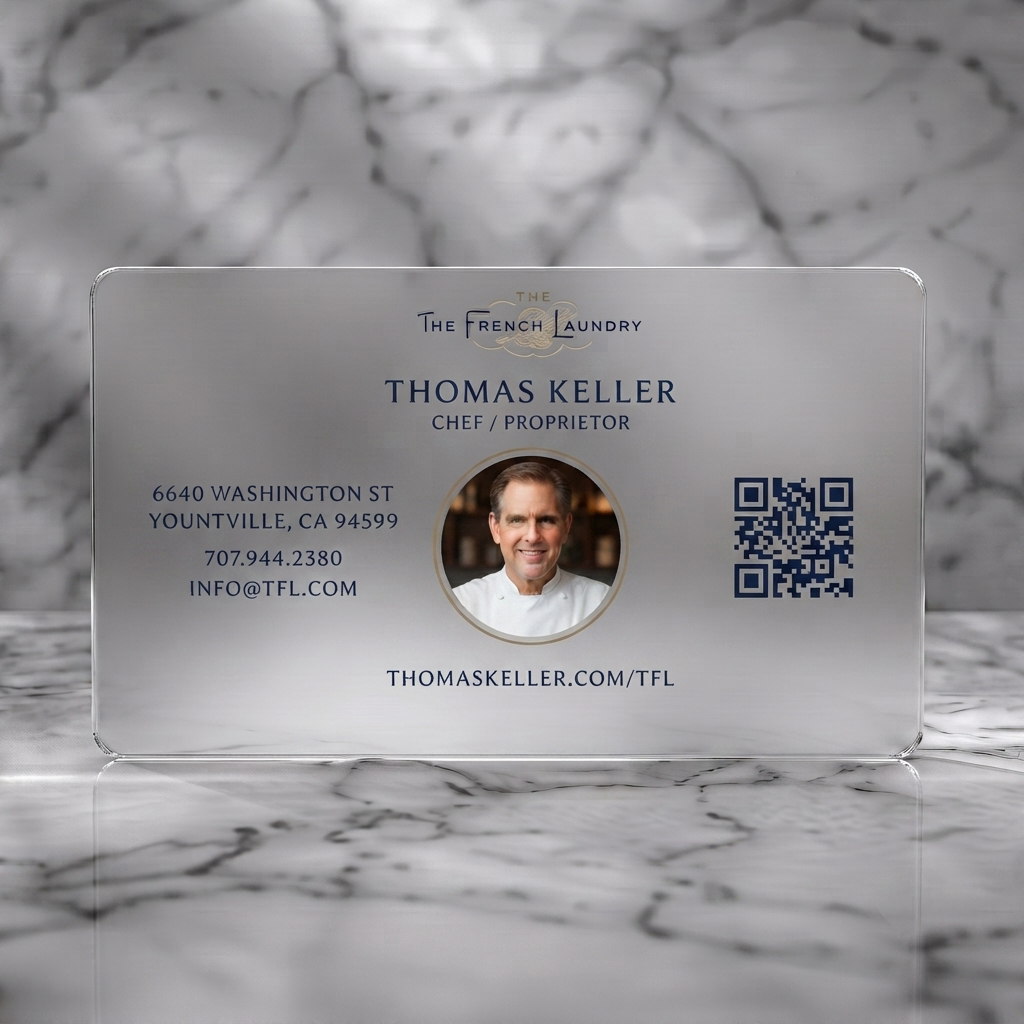Frosted translucent plastic business card featuring elegant cream and blue design with classic serif typography, chef headshot, and QR code